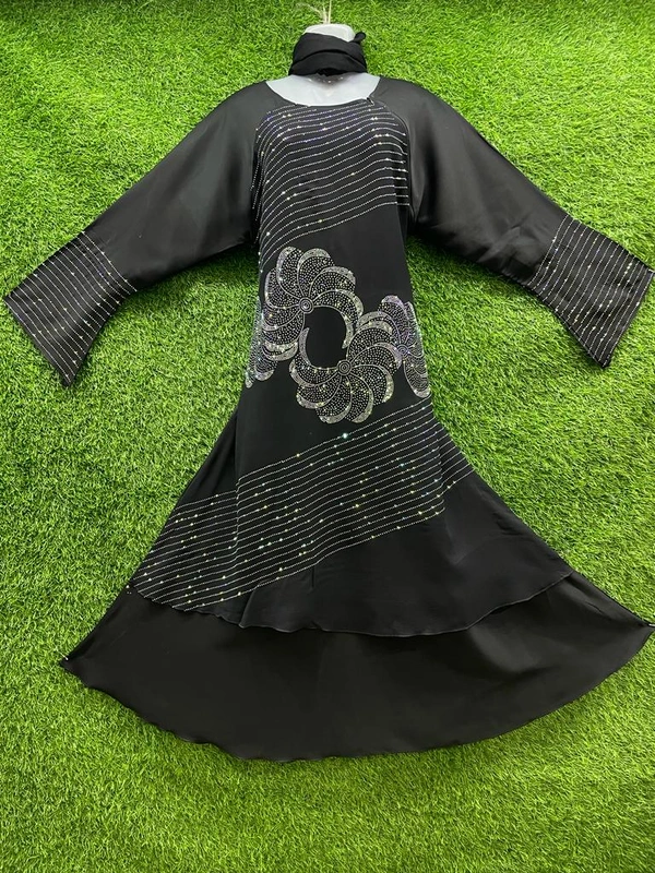 Humeira Abaya Dubai Style Stone Work Abaya Burkha in Al Nida Black Fabric Cross Line Sun Type Stone Flower White - XL, Black, 300gm