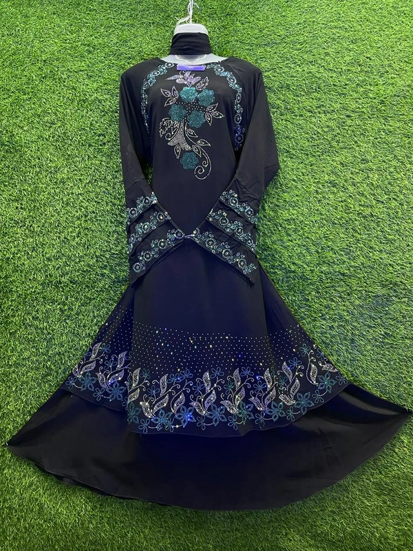 Humeira Abaya Dubai Style Stone Work Abaya Burkha in Al Nida Black Fabric Multi Stone Triple Sleeves - XL, Black, 300gm