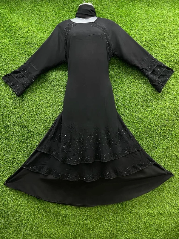 Humeira Abaya Dubai Style Stone Work Abaya Burkha in Firdous Black Fabric Black 2 Palla Firdous - XL, Black, 300gm