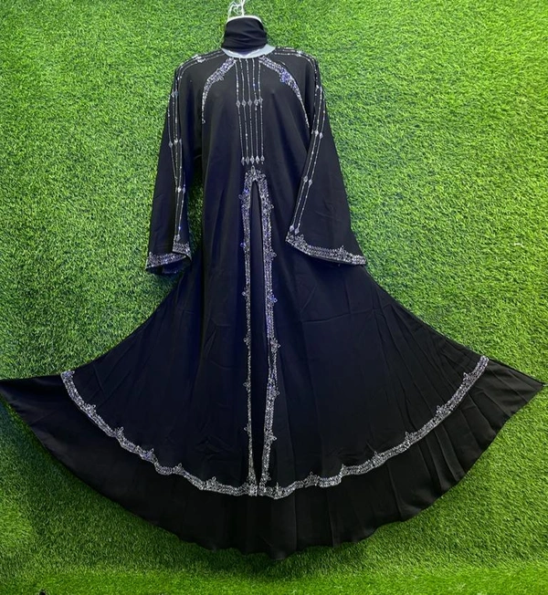 Humeira Abaya Dubai Style Stone Work Abaya Burkha in Al Nida Black Fabric Front Half Kali Bug Gher B - XL, Black, 300gm