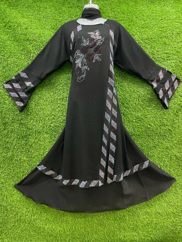 Humeira Abaya Dubai Style Stone Work Abaya Burkha in Al Nida Black Fabric Multi Color Stone Kali Abaya - XL, Black, 300gm