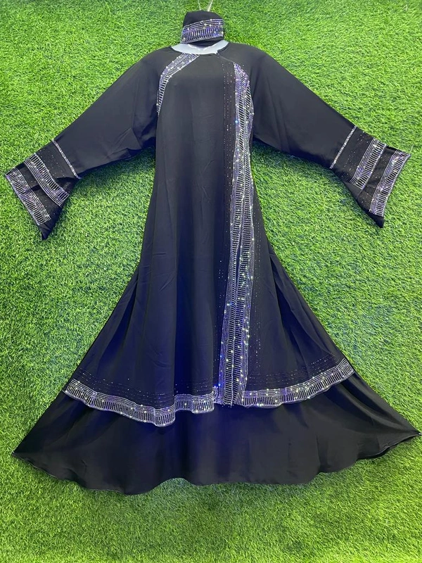 Humeira Abaya Dubai Style Stone Work Abaya Burkha in Korean Nida Black Fabric Side Kali White Stone - XL, Black, 300gm
