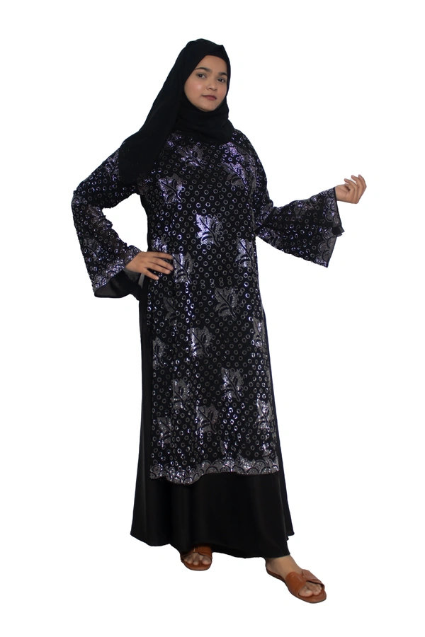 Humeira Abaya Dubai Style Stone Work Abaya Burkha in Al Nida Fabric Heavy Chitta & Leaf Burkha Black - 54, Black, 300 gms
