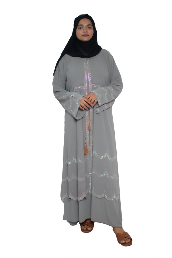 Humeira Abaya Dubai Style Stone Work Abaya Burkha in Al Nida Fabric Laher Sherwan Grey - 54, Grey, 300 gms