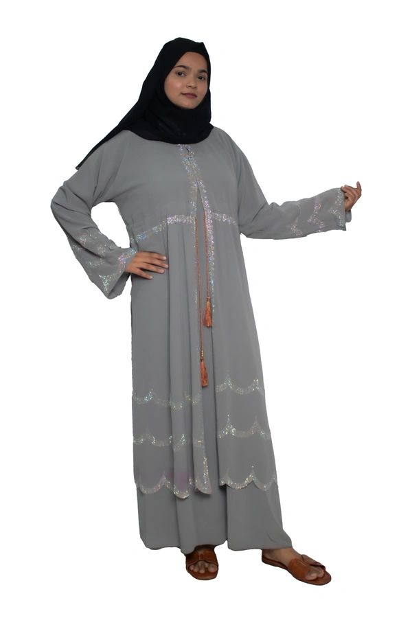 Humeira Abaya Dubai Style Stone Work Abaya Burkha in Al Nida Fabric Laher Sherwan Grey - 54, Grey, 300 gms