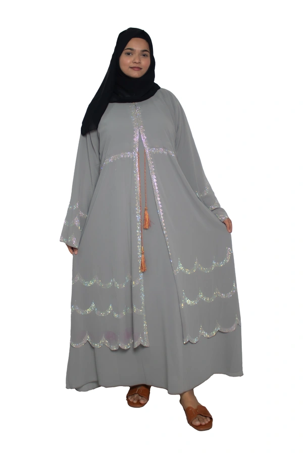 Humeira Abaya Dubai Style Stone Work Abaya Burkha in Al Nida Fabric Laher Sherwan Grey - 54, Grey, 300 gms