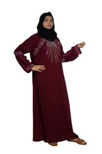 Humeira Abaya Dubai Style Stone Work Abaya Burkha in Firdous Fabric Front Buta Diamond Stone Maroon Colour - 54, Maroon, 300 gms