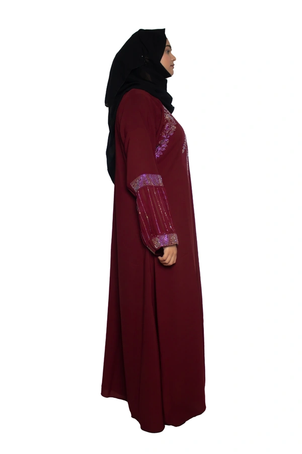 Humeira Abaya Dubai Style Stone Work Abaya Burkha in Firdous Fabric Front Buta Diamond Stone Maroon Colour - 54, Maroon, 300 gms