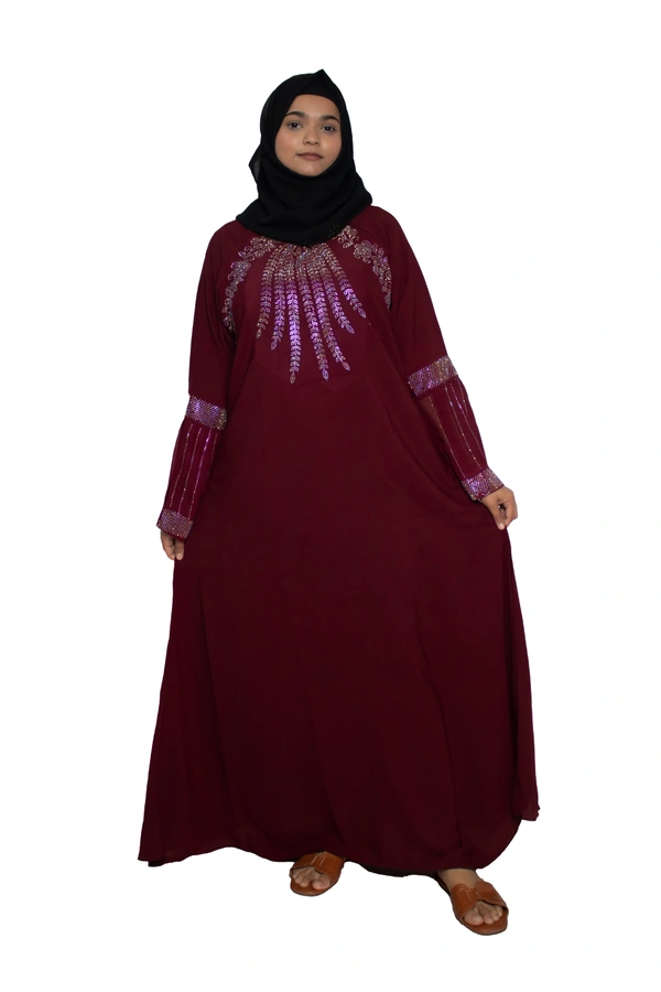 Humeira Abaya Dubai Style Stone Work Abaya Burkha in Firdous Fabric Front Buta Diamond Stone Maroon Colour - 54, Maroon, 300 gms