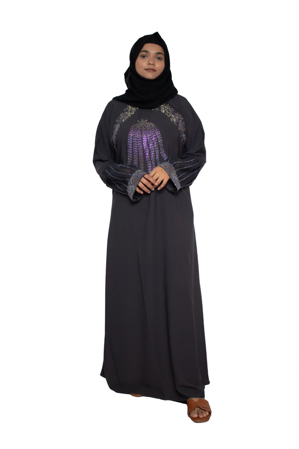 Humeira Abaya Dubai Style Stone Work Abaya Burkha in Firdous Fabric Front Buta Diamond Stone Grey Colour - 54, Grey, 300 gms