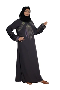 Humeira Abaya Dubai Style Stone Work Abaya Burkha in Firdous Fabric Front Buta Diamond Stone Grey Colour - 54, Grey, 300 gms