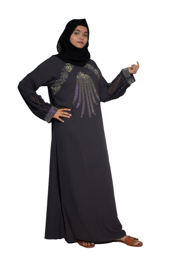 Humeira Abaya Dubai Style Stone Work Abaya Burkha in Firdous Fabric Front Buta Diamond Stone Grey Colour - 54, Grey, 300 gms