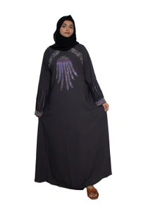 Humeira Abaya Dubai Style Stone Work Abaya Burkha in Firdous Fabric Front Buta Diamond Stone Grey Colour - 54, Grey, 300 gms