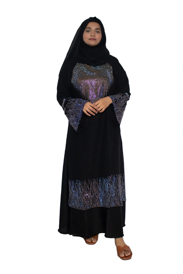 Humeira Abaya Dubai Style Stone Work Abaya Burkha in Al Nida Fabric Black Heavy Line Stone Sleeves, Neck & Botton - 54, Black, 300 gms