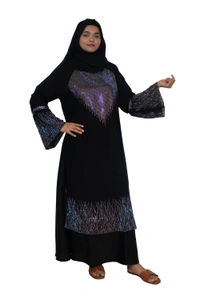 Humeira Abaya Dubai Style Stone Work Abaya Burkha in Al Nida Fabric Black Heavy Line Stone Sleeves, Neck & Botton - 54, Black, 300 gms