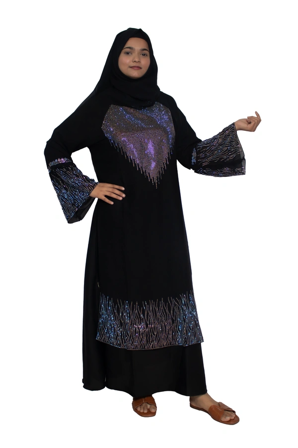 Humeira Abaya Dubai Style Stone Work Abaya Burkha in Al Nida Fabric Black Heavy Line Stone Sleeves, Neck & Botton - 54, Black, 300 gms