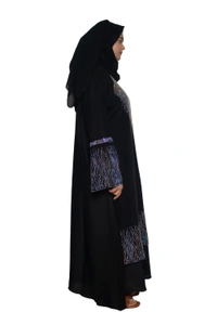 Humeira Abaya Dubai Style Stone Work Abaya Burkha in Al Nida Fabric Black Heavy Line Stone Sleeves, Neck & Botton - 54, Black, 300 gms