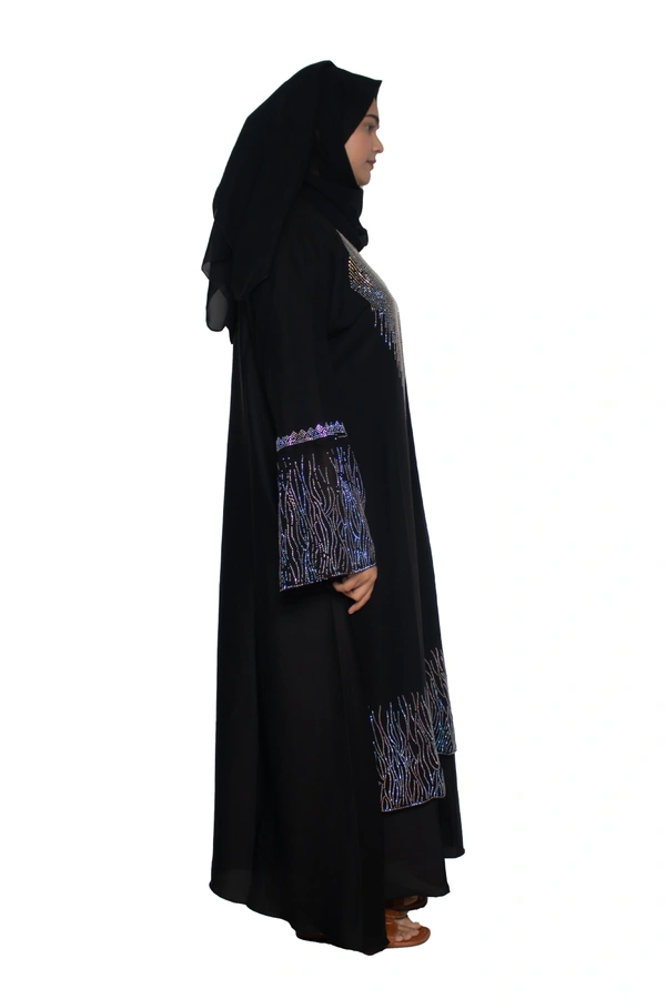 Humeira Abaya Dubai Style Stone Work Abaya Burkha in Al Nida Fabric Black Heavy Line Stone Sleeves, Neck & Botton - 54, Black, 300 gms