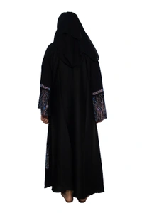 Humeira Abaya Dubai Style Stone Work Abaya Burkha in Al Nida Fabric Black Heavy Line Stone Sleeves, Neck & Botton - 54, Black, 300 gms