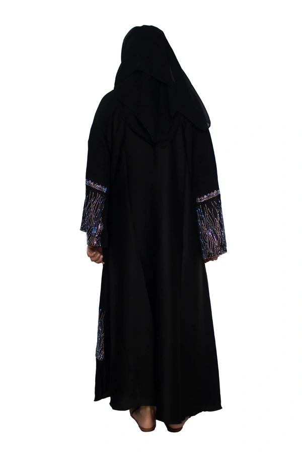Humeira Abaya Dubai Style Stone Work Abaya Burkha in Al Nida Fabric Black Heavy Line Stone Sleeves, Neck & Botton - 54, Black, 300 gms