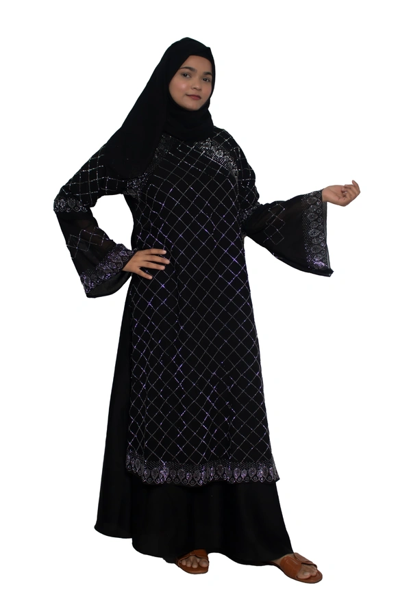 Humeira Abaya Dubai Style Stone Work Abaya Burkha in Al Nida Fabric Heavy Squar Stone Work Black - 54, Black, 300 gms