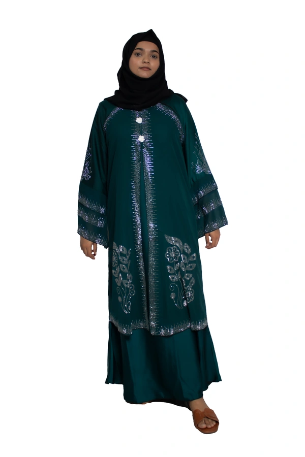 Humeira Abaya Dubai Style Stone Work Abaya Burkha in Al Nida Fabric Kranti Green White Stone - 54, Rama Green, 300 gms