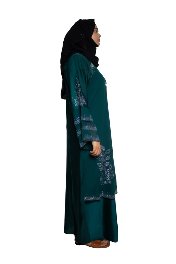 Humeira Abaya Dubai Style Stone Work Abaya Burkha in Al Nida Fabric Kranti Green White Stone - 54, Rama Green, 300 gms
