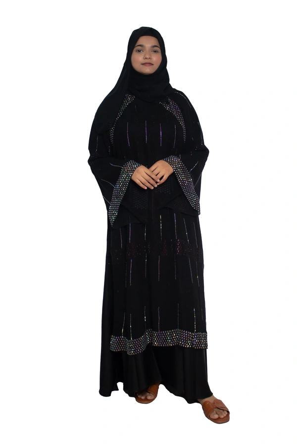 Humeira Abaya Dubai Style Stone Work Abaya Burkha in Al Nida Fabric Line Stone Double Palla Heavy - 54, Black, 300 gms