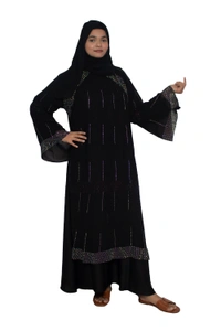 Humeira Abaya Dubai Style Stone Work Abaya Burkha in Al Nida Fabric Line Stone Double Palla Heavy - 54, Black, 300 gms