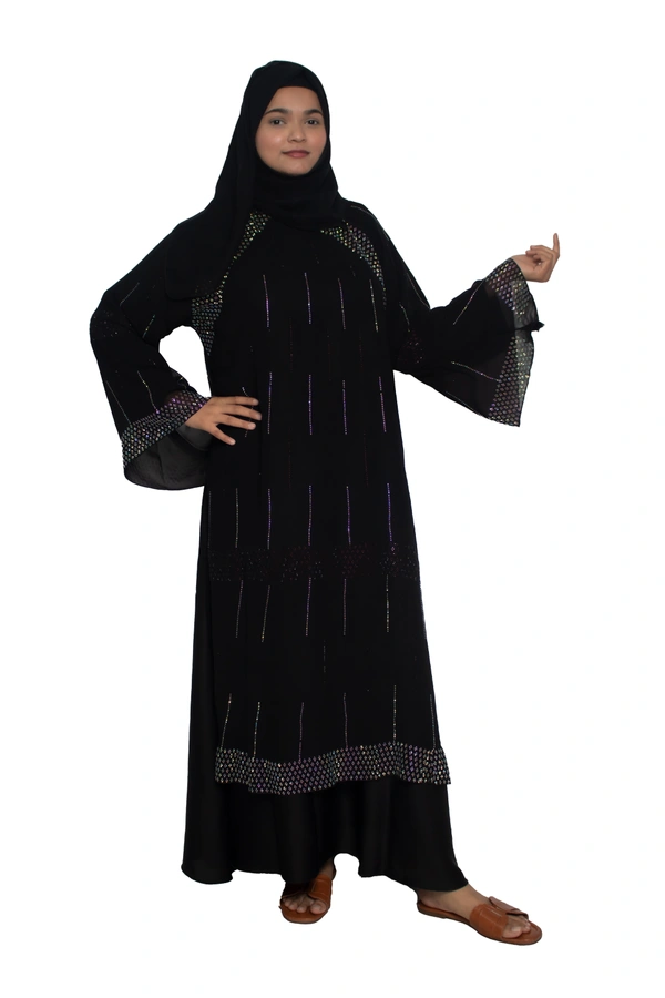 Humeira Abaya Dubai Style Stone Work Abaya Burkha in Al Nida Fabric Line Stone Double Palla Heavy - 54, Black, 300 gms