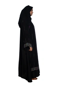 Humeira Abaya Dubai Style Stone Work Abaya Burkha in Al Nida Fabric Line Stone Double Palla Heavy - 54, Black, 300 gms