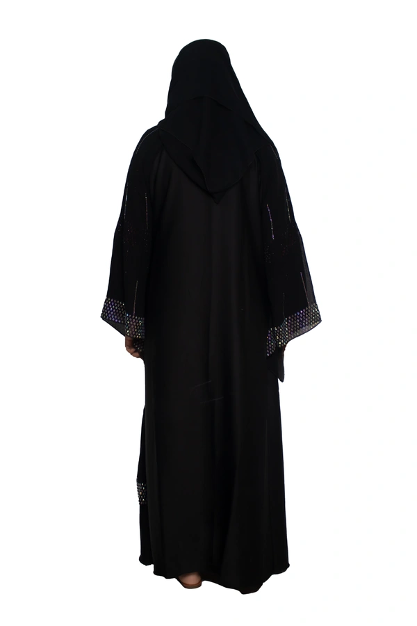 Humeira Abaya Dubai Style Stone Work Abaya Burkha in Al Nida Fabric Line Stone Double Palla Heavy - 54, Black, 300 gms