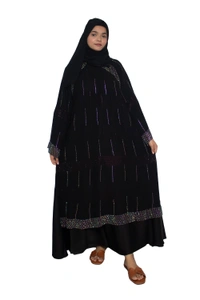 Humeira Abaya Dubai Style Stone Work Abaya Burkha in Al Nida Fabric Line Stone Double Palla Heavy - 54, Black, 300 gms