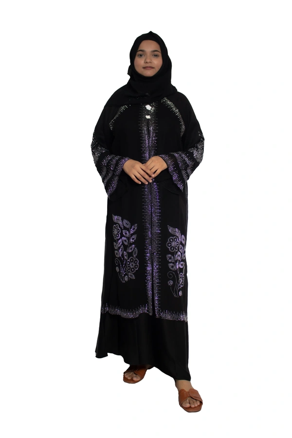 Humeira Abaya Dubai Style Stone Work Abaya Burkha in Al Nida Fabric Kranti Black - 54, Black, 300 gms