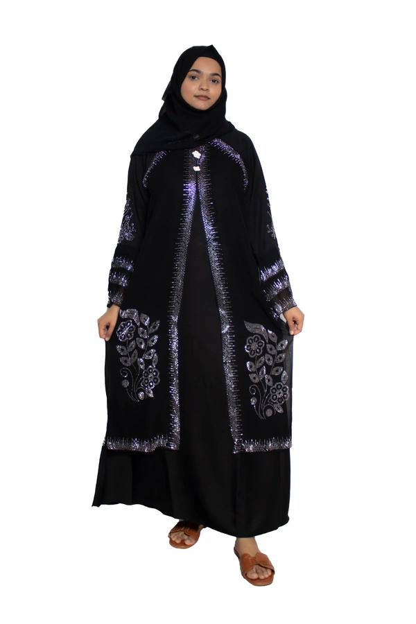 Humeira Abaya Dubai Style Stone Work Abaya Burkha in Al Nida Fabric Kranti Black - 54, Black, 300 gms