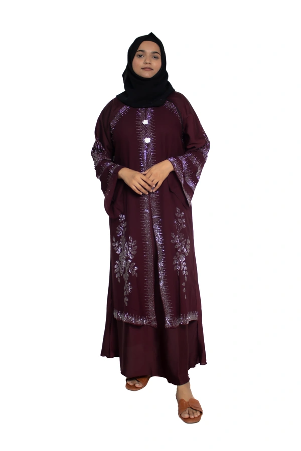 Humeira Abaya Dubai Style Stone Work Abaya Burkha in Al Nida Fabric Kranti Maroon - 54, Maroon, 300 gms