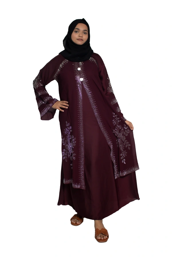 Humeira Abaya Dubai Style Stone Work Abaya Burkha in Al Nida Fabric Kranti Maroon - 54, Maroon, 300 gms