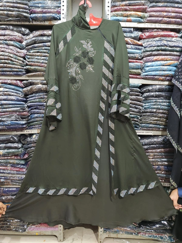 Humeira Abaya Dubai Style Stone Work Abaya Burkha in Firdous Fabric HA19DP GREEN - 54, GREEN, 300 Grams