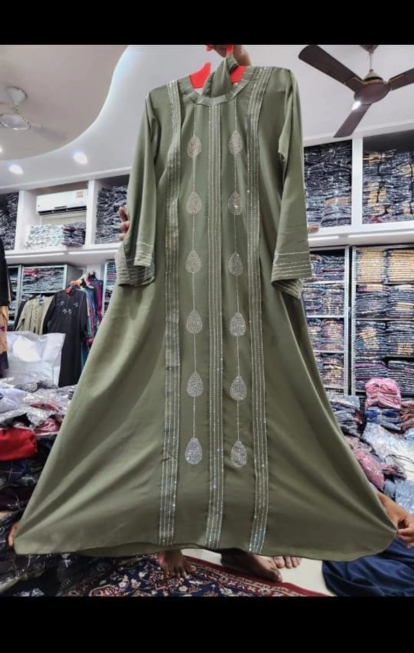 Humeira Abaya Dubai Style Stone Work Abaya Burkha in Firdous Fabric HA17DP GREEN - 54, GREEN, 300 Grams