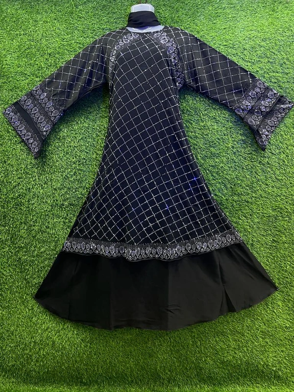 Humeira Abaya Dubai Style Stone Work Abaya Shrug in Al Nida Black Fabric PP Squar Closed  Shrug - XL, Black, 300gm