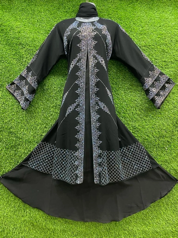 Humeira Abaya Dubai Style Stone Work Abaya Shrug in Al Nida Black Fabric Black Shirag with White Stone Cross - XL, Black, 300gm