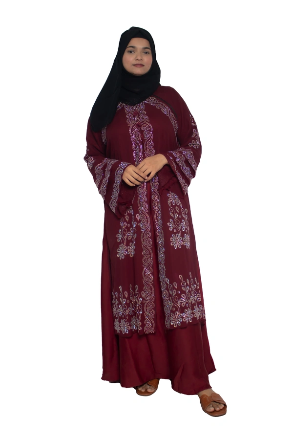 Humeira Abaya Dubai Style Stone Work Abaya Shrug in Al Nida Fabric Heavy Kranti Maroon - 54, Maroon, 300 gms