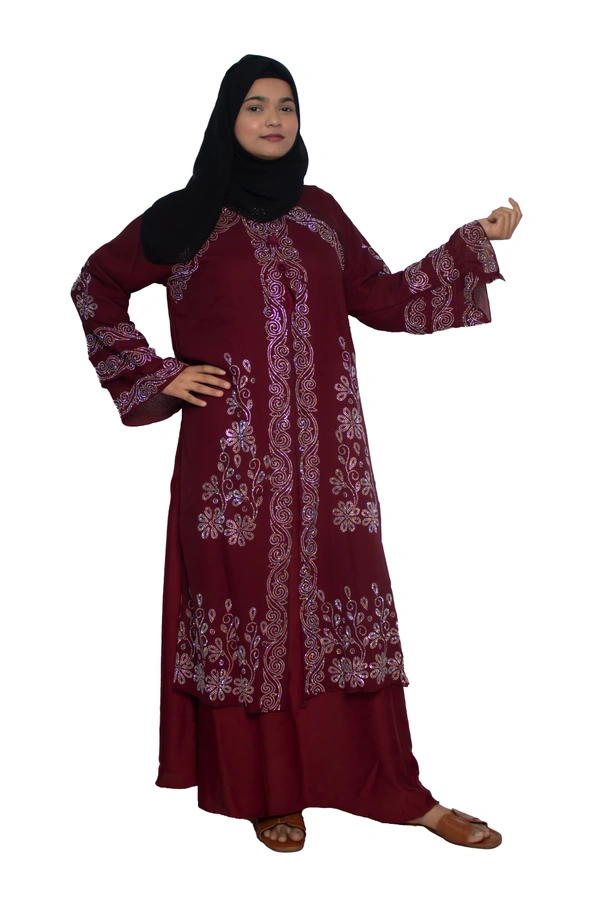 Humeira Abaya Dubai Style Stone Work Abaya Shrug in Al Nida Fabric Heavy Kranti Maroon - 54, Maroon, 300 gms