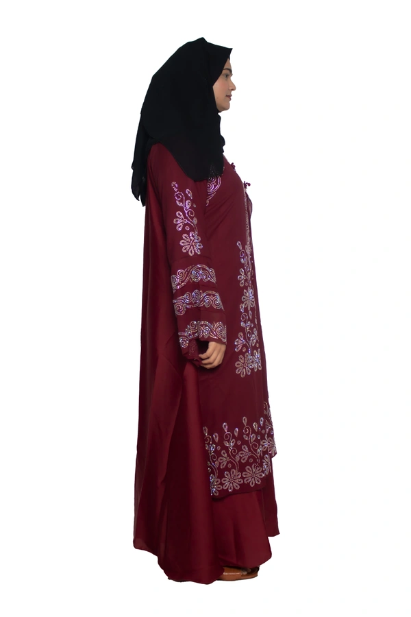 Humeira Abaya Dubai Style Stone Work Abaya Shrug in Al Nida Fabric Heavy Kranti Maroon - 54, Maroon, 300 gms