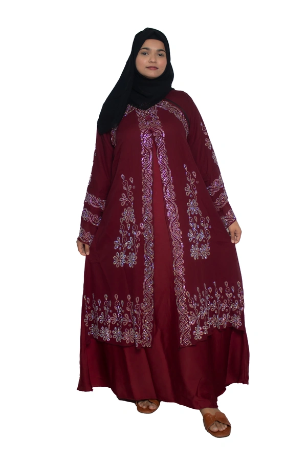 Humeira Abaya Dubai Style Stone Work Abaya Shrug in Al Nida Fabric Heavy Kranti Maroon - 54, Maroon, 300 gms