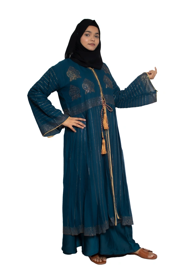 Humeira Abaya Dubai Style Stone Work Abaya Shrug in Al Nida Fabric Heavy Sherwani Double Abaya Rama Green - 54, Rama Green, 300 gms