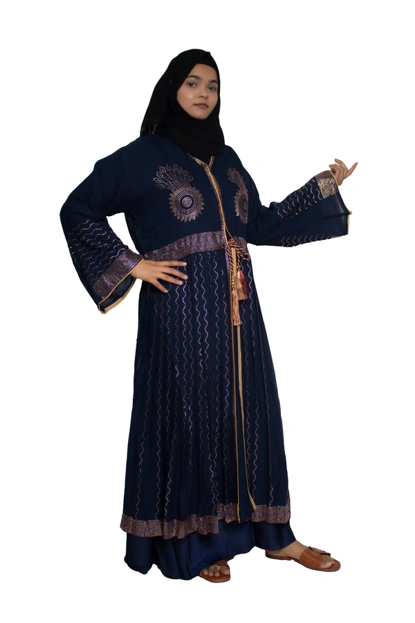 Humeira Abaya Dubai Style Stone Work Abaya Shrug in Al Nida Fabric Heavy Sherwani Double Abaya Blue - 54, Blue, 300 gms