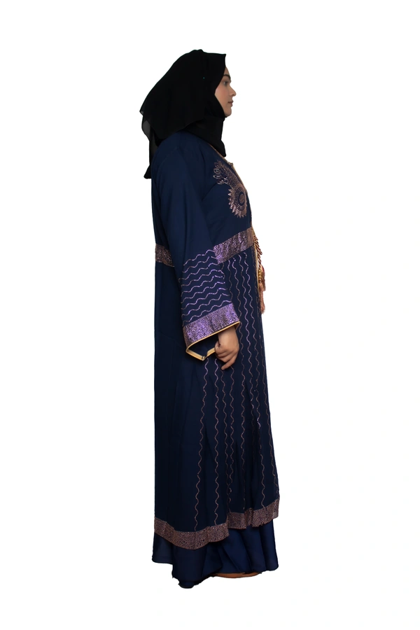 Humeira Abaya Dubai Style Stone Work Abaya Shrug in Al Nida Fabric Heavy Sherwani Double Abaya Blue - 54, Blue, 300 gms
