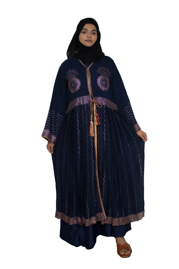 Humeira Abaya Dubai Style Stone Work Abaya Shrug in Al Nida Fabric Heavy Sherwani Double Abaya Blue - 54, Blue, 300 gms
