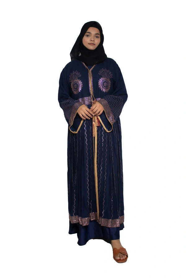 Humeira Abaya Dubai Style Stone Work Abaya Shrug in Al Nida Fabric Heavy Sherwani Double Abaya Blue - 54, Blue, 300 gms